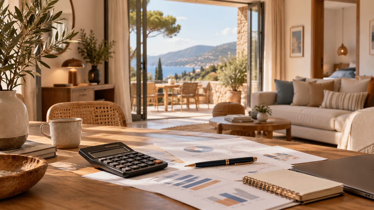 Calculatrice, stylo et documents avec graphiques sur une table en bois, dans un séjour ouvert sur une terrasse avec vue sur la mer